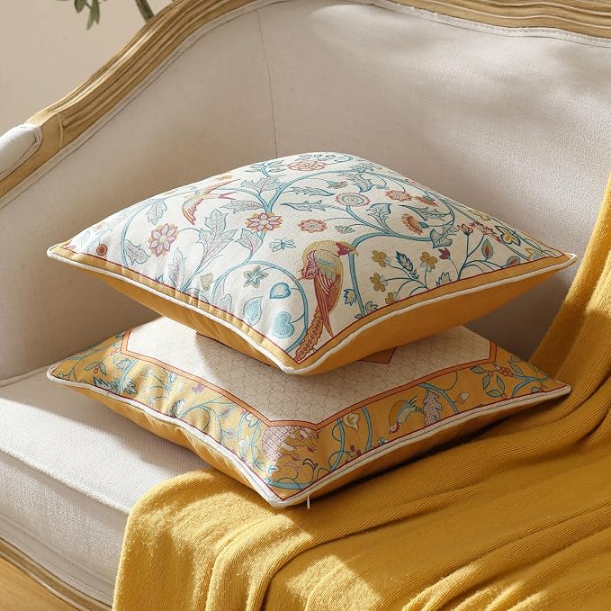 patdrea French Linen Throw Pillow Cover,18"x18",Set of 2-Magnolia A | Vintage Decorative Pillow Case with Zipper,Yellow Floral Pattern,Cushion Coverfor Couch Living Room Bedroom Sofa