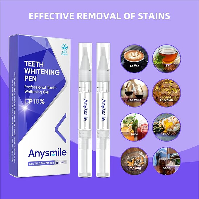 Anysmile Teeth Whitening Pens Non Sensitive Teeth Whitener Gel with Effective 10% Carbamide Peroxide, 4 Professional Tooth Whitening Gel Pens 2ml/Pen