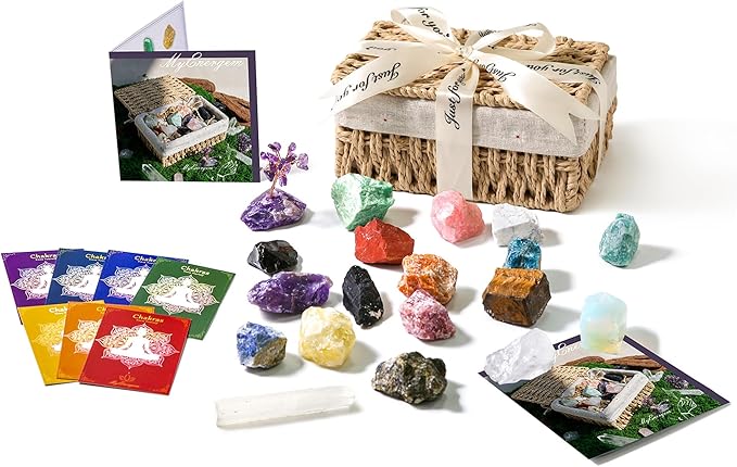 MYDAYS&DESIGN 18Pcs Crystals and Healing Stones Set in Rattan Box, 17 Raw Chakra Stones, 1 Amethyst Tree, Guide for Beginners, Meditation Yoga Home Decor, Gifts for Women Valentine's Day