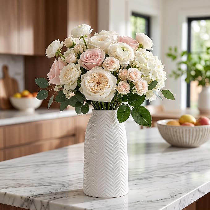 hjn White Vase for Flowers Ceramic Vase for Decor, Modern Decorative Tall Vases for Your Kitchen/Office/Living Room/Bookshelf/Mantel - White Texture(Medium)