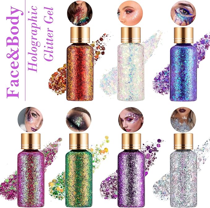 Green Gold Face Body Hair Glitter Gel for St. Patrick's Day Mardi Gras Festival Rave Accessories, Long Lasting Holographic Chunky Mermaid Sequins Glitter Gel Makeup for Women Men Kids, 1oz