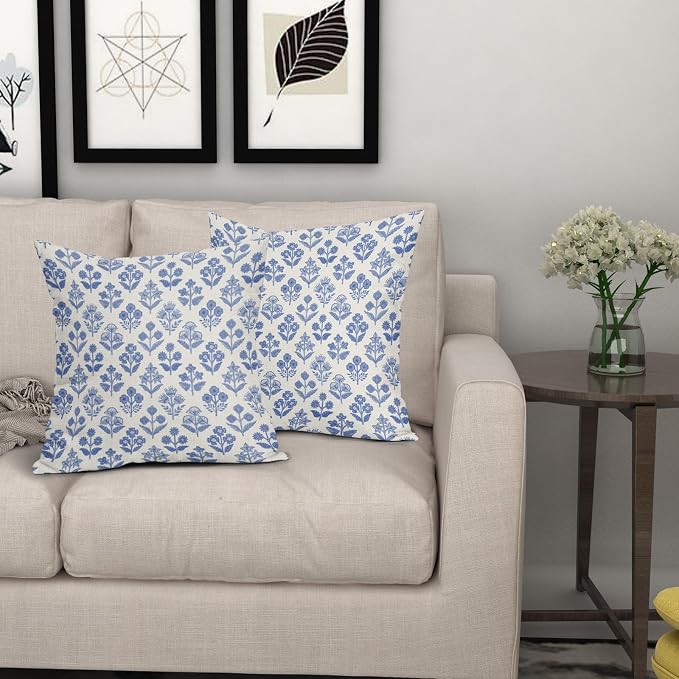 Blue Floral Block Print Pillow Covers 16x16 Inch Set of 2, Vintage Flower Decorative Throw Pillowcases for Home, Outdoors