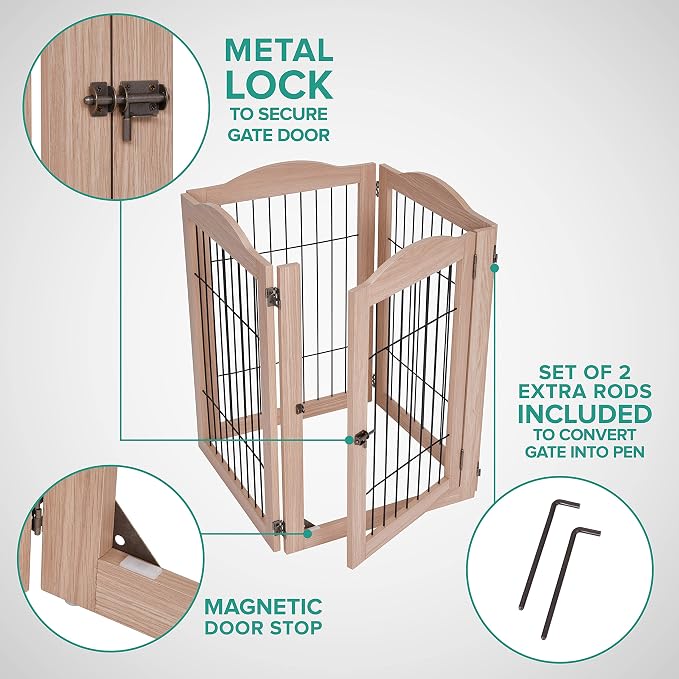 Arf Pets Dog Gate with Walk Through Door, 4 Panel 360° configurable Freestanding Wooden Wire Fence, 80" Wide, 31.5" Tall, Foldable, Support Feet Included, for The House - Indoor Use
