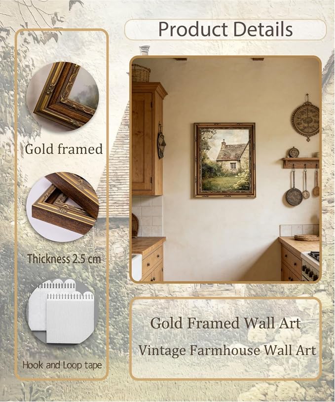Gold Framed Wall Art Vintage Farmhouse Wall Art Rustic Cottagecore Wall Decor Picture Summer Countryside Nature English Landscape Poster Print Artwork for Living Room Bedroom 9x11in