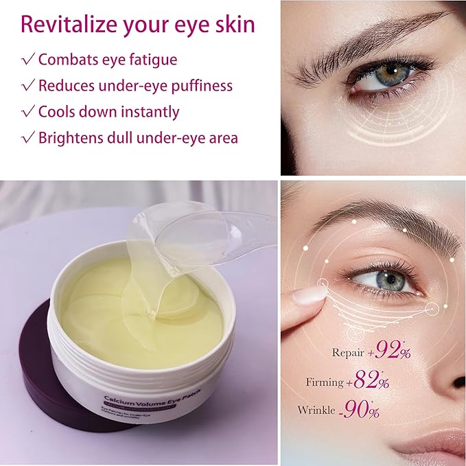 Calcium Volume Eye Patches, 30 Pairs Korean Hydrogel Under Eye Masks, Dark Circle and Puffy Eyes Treatment, Hydrating Anti-Wrinkle Skincare