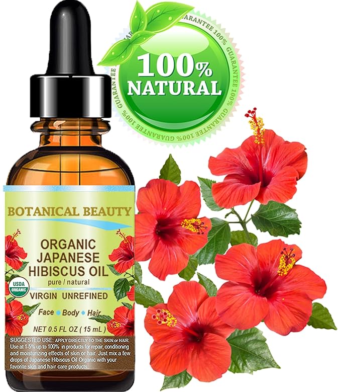 Botanical Beauty Organic HIBISCUS OIL (Hibiscus Sabdariffa) JAPANESE 100 Pure Natural VIRGIN UNREFINED COLD PRESSED Anti Aging, Vitamin E Oil for FACE, SKIN, HAIR GROWTH (0.5 Fl Oz)