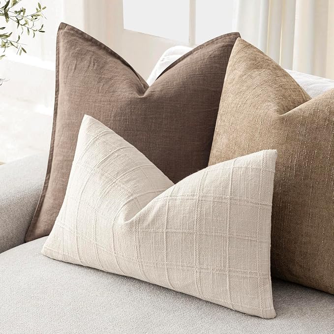 Foindtower Set of 2 Decorative Linen Check Throw Pillow Covers Neutral Farmhouse Lumbar Cushion Covers Modern Boho Home Decor for Sofa Chair Couch Bedroom Living Room,12×20 Inch,Natural Beige