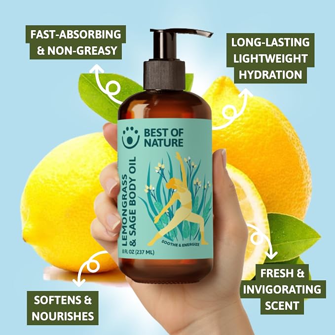 Best of Nature Lemongrass and Sage Massage Oil Blend - Non-Greasy Aromatherapy Massage Oil for Body, Skin & Face, Crafted with Pure Essential Oils, Half Gallon (64 fl oz)