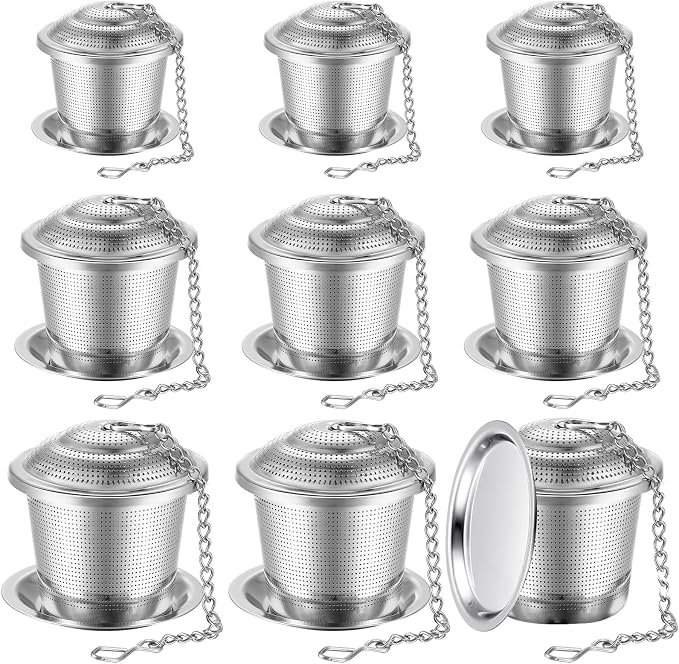 Zopeal 9 Pcs Tea Infuser Stainless Steel Strainer with Extended Chain Hook and Saucer Loose Leaf Steeper Fine Mesh Ball Tea Filter for Brew Spices Seasonings Fits Cup Mug Bottle (3 Sizes)