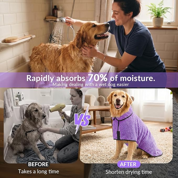 Dog Bathrobe, Super Absorbent for Small to Large Dogs, Light Purple 2XL | Dog Robes with Soft Fleece, Warm & Cozy, Adjustable Fit, and Quick Drying Coat for Baths Swimming and Grooming