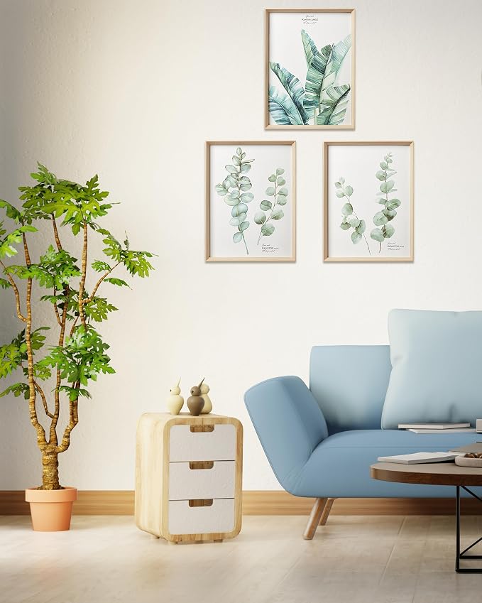 12x16IN Green Plant Eucalyptus Leaf Framed Wall Art, Set of 3 | Minimalist Botanical Canvas Prints for Living Room, High-Framed Wood Design Flower Artworks Poster for Bathroom Bedroom
