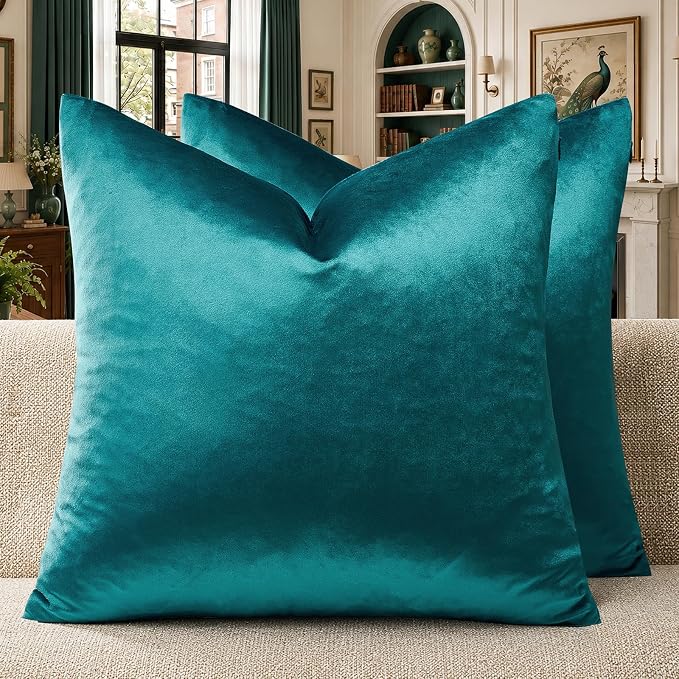 GIGIZAZA Teal Velvet Pillow Covers 26x26 Decorative Pillows Pack of 2 | Blue Throw Pillows for Couch,Euro Sham,280gsm Soft Textured Fabric,Modern Pillowcases,Luxury Cushion Covers