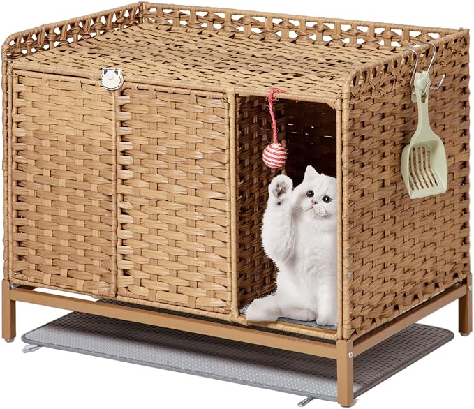 SETVSON Litter Box Enclosure Furniture with Divider, Cat Cabinet, Natural | Handwoven PE Rattan with Soft Litter Mat, 3.54-In Heightened Metal Feet, 2 S-Hooks, 31.2 x 19.6 x 24.2 In Spacious