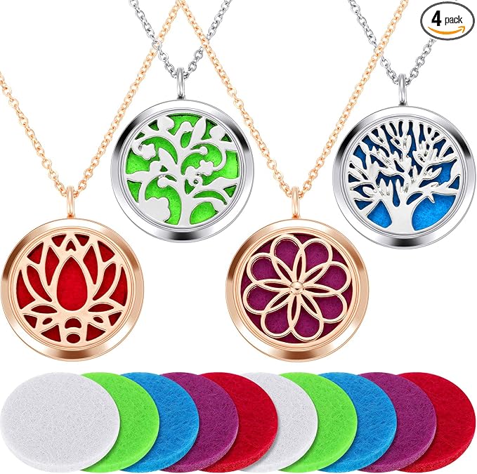 Hicarer 4 Pieces Essential Oil Necklace Diffuser Oil Pendant Locket Aromatherapy Pendant Perfume Oil Jewelry Necklace with 14 Refill Pads and 24 Inch Adjustable Chain