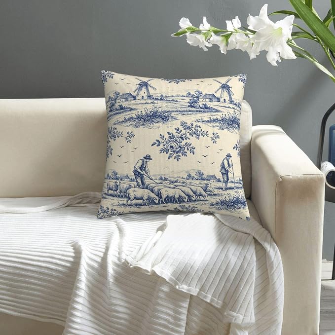 French Country Toile Pillow Covers 18x18 Set of 2, Blue & Cream Vintage Throw Pillow Covers Outdoor Decorative Pillow Case for Couch Bed Sofa Cushion Home Decor