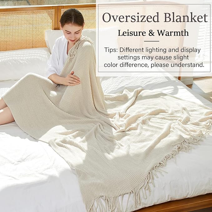 Blagic Chenille Throw Blanket for Couch and Bed,Off White,60"x80" | Soft Farmhouse Boho Throw Blanket with Tassels,Decorative for Living Room,Stripe Textured Throws for Bed/Chair/Sofa