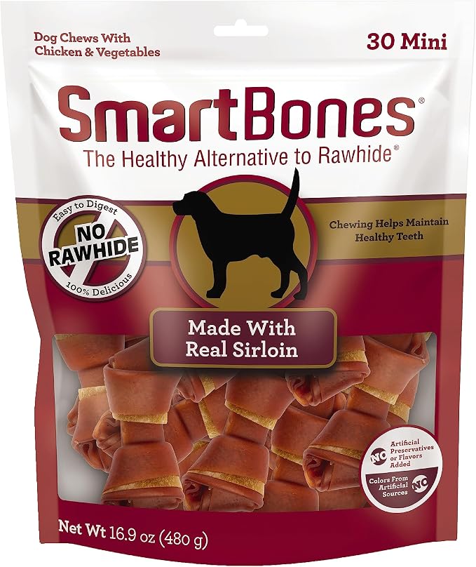SmartBones Real Sirloin Mini Chews, 30 Count (Pack of 1) | Easy To Digest Chew, No Artificial Preservatives or Flavors, Vitamin & Mineral Enriched, Maintains Healthy Teeth, Small Dogs