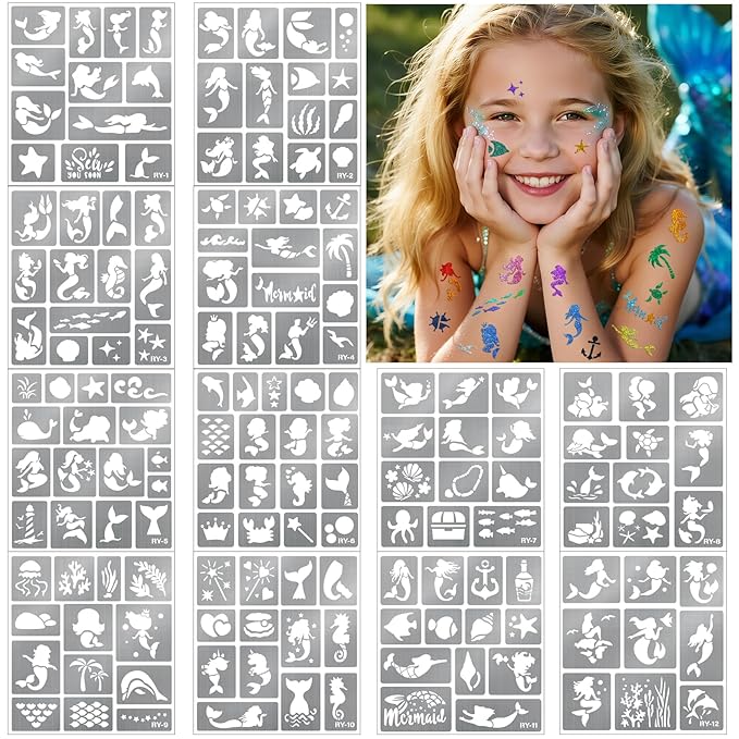 Yazhiji 167PCS Mermaid Temporary Tattoo Stencils, Face and Body Paint Stencils, Girl Boy Glitter Tattoos Pack for Kids School Show Birthdays Mermaid Christmas Party Favor Supplies