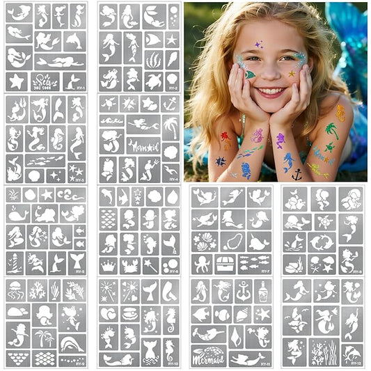 Yazhiji 167PCS Mermaid Temporary Tattoo Stencils, Face and Body Paint Stencils, Girl Boy Glitter Tattoos Pack for Kids School Show Birthdays Mermaid Christmas Party Favor Supplies