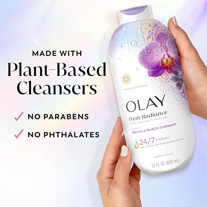 Olay Body Wash for Women, Fresh Radiance, 24/7 Skin-Loving Freshness, Visibly Radiant, Plant Based Cleansers, Vitamin B3 & Antioxidant Blend, For All Skin Types, Orchid & Black Currant Scent, 22 fl oz