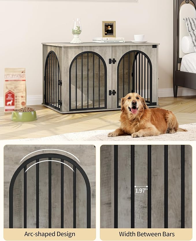 Hzuaneri 39.4'' Dog Crate Furniture,Dog Kennel Indoor for Medium/Large Dogs | Dog Kennel Furniture Wooden Dog Cage Heavy Duty Dog Crate Decorative Pet House End Side Table TV Stand,Greige Black DFC84105B