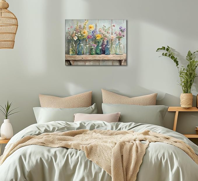 Farmhouse Flower Canvas Wall Art Wildflowers Bottles Wall Decor Rustic Plants Flowers Poster Print Artwork for Bathroom Living Room Bedroom Study Room Home Decoration