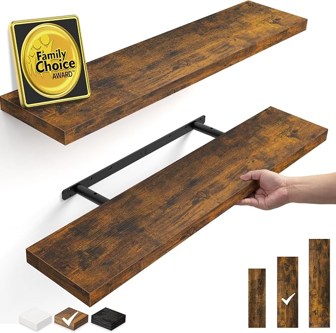 BAYKA Rustic Brown Floating Shelves 35.4in, Set of 2, Wall Mount Wood Shelf | Easy Install, 30lbs Max Load, Hidden Bracket, for Bathroom Bedroom Kitchen Display Storage Decor, Multi-Wall Compatible