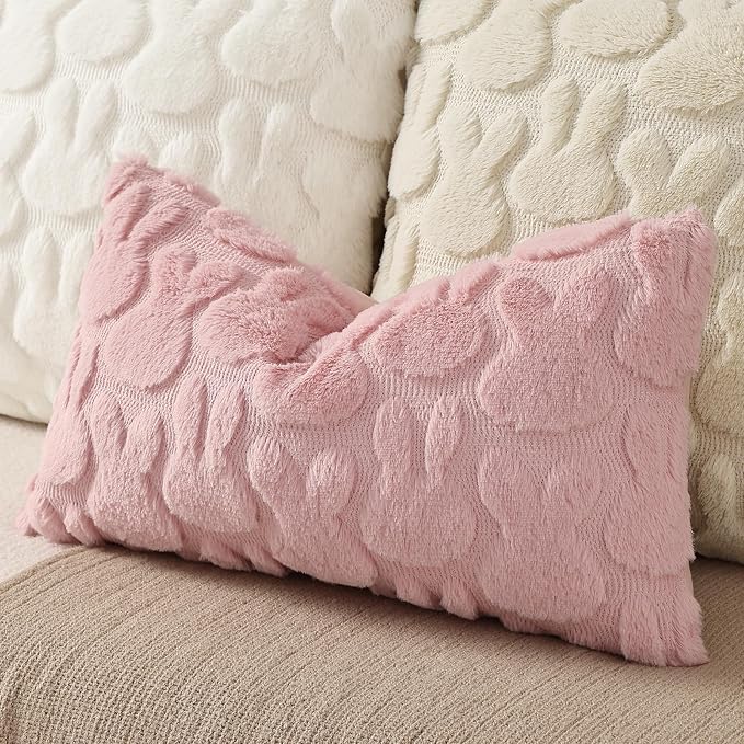 decorUhome Pink Faux Fur Bunny Throw Pillow Covers 12x20 Set of 2 | Plush Soft Wool Jacquard Pink Rabbit Cushion Covers, Modern Farmhouse Easter Holiday Decor PillowCases for Sofa Bed