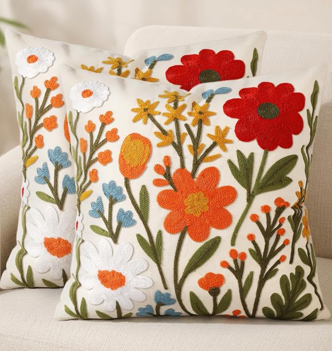 Embroidered Throw Pillow Covers 18x18 Inch, 2Pack, Flower Cluster | Decorative Pillow Covers Set of 2, Floral Cushion Cases with Hidden Zipper, Farmhouse Decor for Couch, Sofa, Living Room