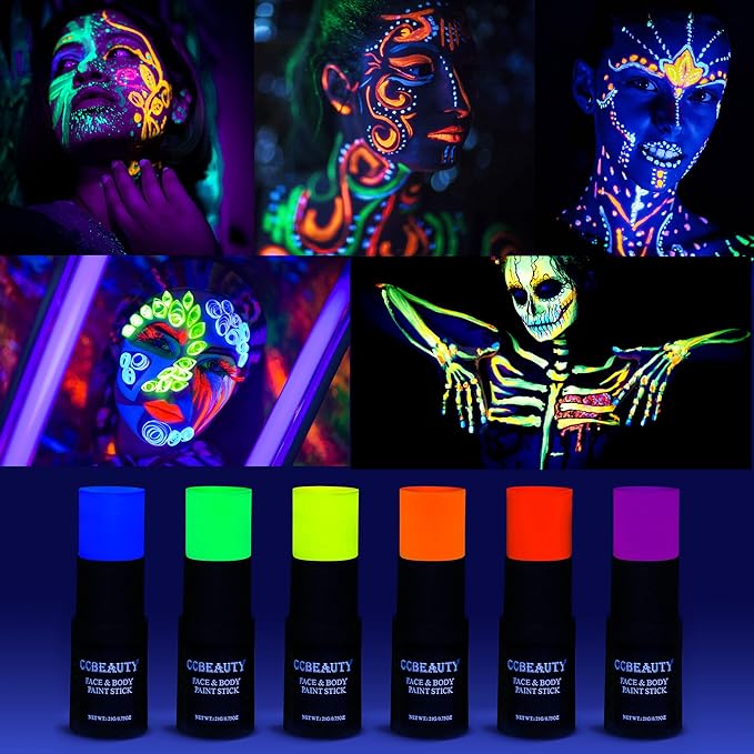 CCbeauty Neon Pink Face Paint Stick, UV Pink Face Painting Kit, Full Coverage SFX Makeup Foundation, Professional Non-Toxic Body Paint for Halloween Costume Cosplay Party, Glow In The Dark Makeup