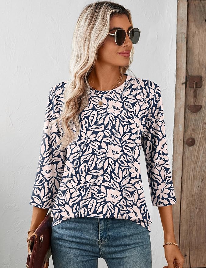 LOMON 3/4 Length Sleeve Womens Tops Spring Summer Fashion 2026 Tops Crew Neck Pleated Shirts Tunic Top Loose Fit