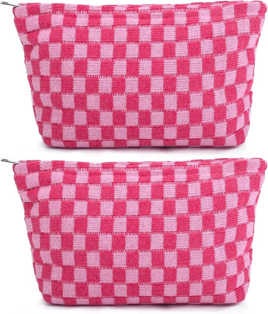 SOIDRAM 2 Pieces Makeup Bag Large Checkered Cosmetic Bag Capacity Canvas Travel Toiletry Bag Organizer Cute Makeup Brushes Aesthetic Accessories Storage Bag for Women, Rose Red checkered