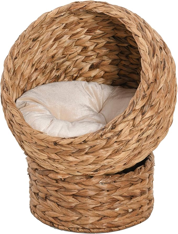 PawHut Handwoven Elevated Cat Bed for Indoor Cats 23.5" H Light Brown | Soft Cushion & Egg Chair Shape, Basket Bed Kitty House with Stand, Raised Wicker House
