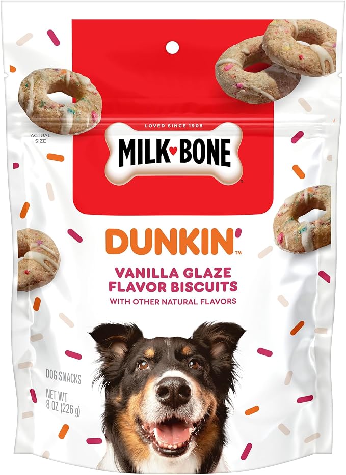 Milk-Bone Dunkin’ Vanilla Glaze Flavor Dog Biscuits, 8 Oz. | Vanilla glaze flavor with other natural flavors, Donut-inspired dog treats