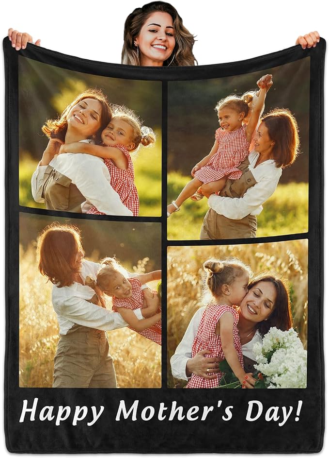 Custom Halloween Blanket Gift for Kid Boy Girl, Personalized 4 Photo Blanket, HD Printing Customized Flannel Throw Blanket Gifts for Mom Dad Couple Girlfriend Boyfriend Wife Husband