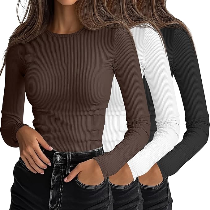 Ficerd 3 Pack Women's Ribbed Long Sleeve Tops, Crew Neck Slim Fit Undershirts Knit Basic Casual Stretch Layering Tee Shirts
