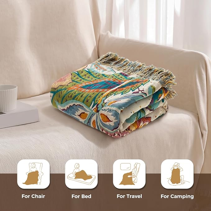 LUTBM Boho Throw Blanket for Bed 60"x80", All Season Cotton Couch Blankets | Reversible Botanical Floral Jacquard, Lightweight Breathable Twin Quilt, For Chair Sofa Living Room Bedroom, Home Decor