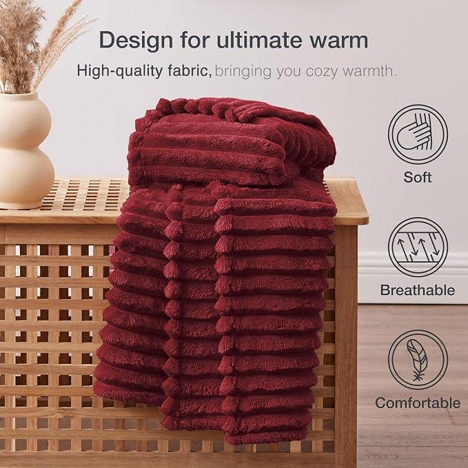 EXQ Home Fleece Throw Blanket for Couch or Bed - 3D Stripe Jacquard Decorative Blankets - Cozy Soft Lightweight Fuzzy Flannel Blanket Suitable for All Seasons(50"×60",Red)