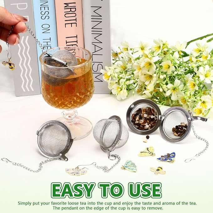 Set of 6 Tea Infuser for Loose Leaf Tea with Butterfly and Bee Charm Pendant, 304 Stainless Steel Tea Ball for Brew Fine Loose Tea and Spices & Seasonings