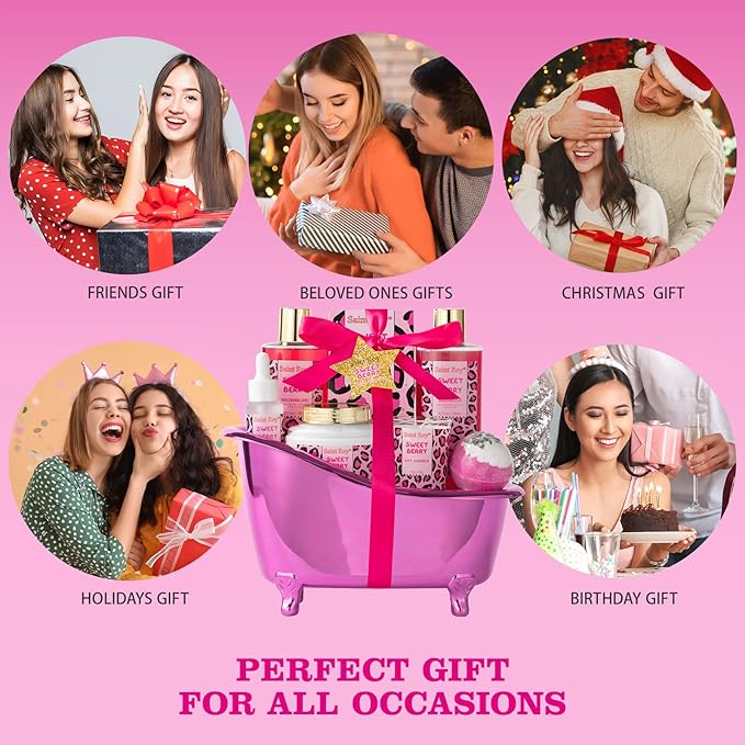 Mothers Day Gifts for Women, Bath and Body Gift Basket Set Home Bath Spa Gift Basket for Women Sweet Berry Bath Sets for Teens Gift Aromatherapy Home Spa Kit with Body Oil, Women's spa Kit Best Gifts