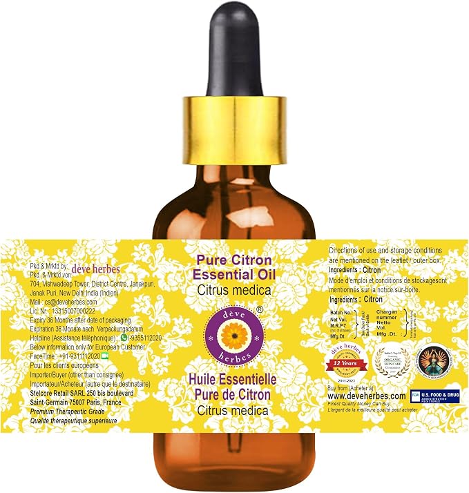 dève herbes Citron Essential Oil (Citrus Medica) with Glass Dropper | Pure | Non-Sticky | Non-Greasy | Lightweight | Men & Women | All Skin Types | Steam Distilled 50ml (1.69 oz)