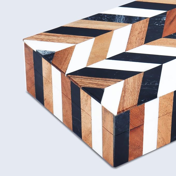 Handicrafts Home Small Decorative Storage Box with Lid Wooden Jewelry Box Trinket Box for Shelf Decor – Natural Wood Resin Inlay Marquet Cosmo Collection- 5x7x1.5