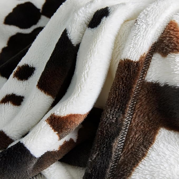 Cozy Bliss Cow Print Throw Blanket for Bed - Super Fuzzy Thick Soft Warm Fleece Blankets for Couch & Room Décor, for Women Men Girls Kids, Dark Brown Queen Size 90"*90"