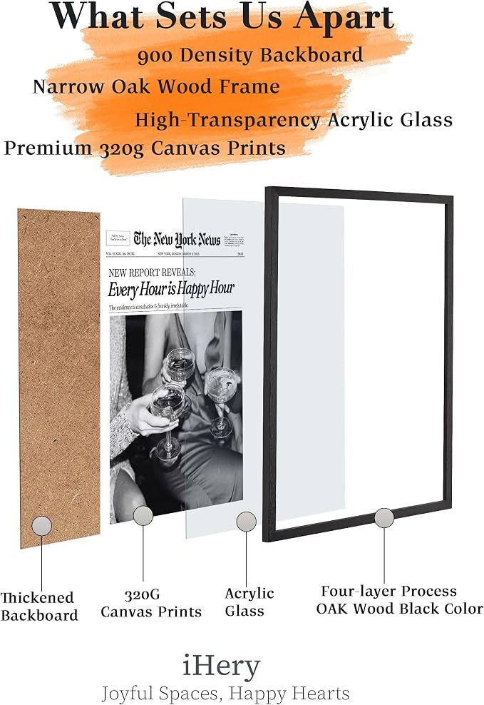 iHery 16x20in Every Hour Is Happy Hour Black Framed Newspaper Wall Art | Premium Black Natural OAK Wood Frame with Canvas Print, Retro Editorial Decor for Bedroom, Girl Dorm, Living Room 1Pack