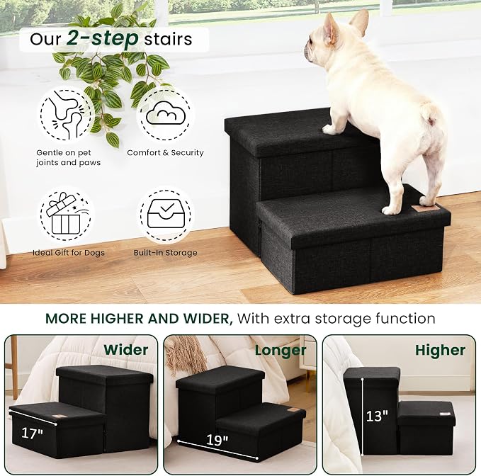 Love's cabin Dog Stairs for High Bed, Foldable Pet Stairs for Small Medium or Large Dogs Puppy with Storage for Bed or Couch, Cat Dog Steps Ramp with Zip up to 200 lbs, Black, 2 Steps