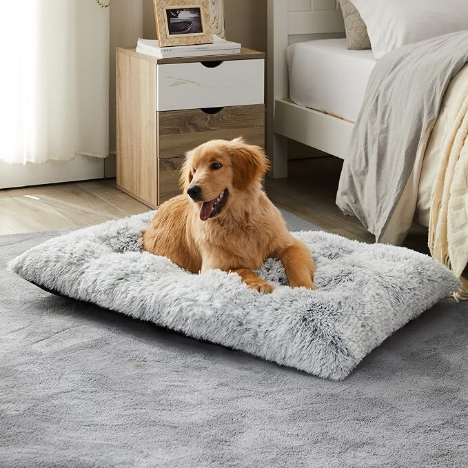 BFPETHOME Dog Beds for Large Dogs, Plush Dog Crate Bed Fluffy Cozy Kennel Pad for Sleeping &Ease Anxiety, Washable Pet Mats with Anti-Slip Bottom for Large Medium Dogs, Pet Bed, Grey