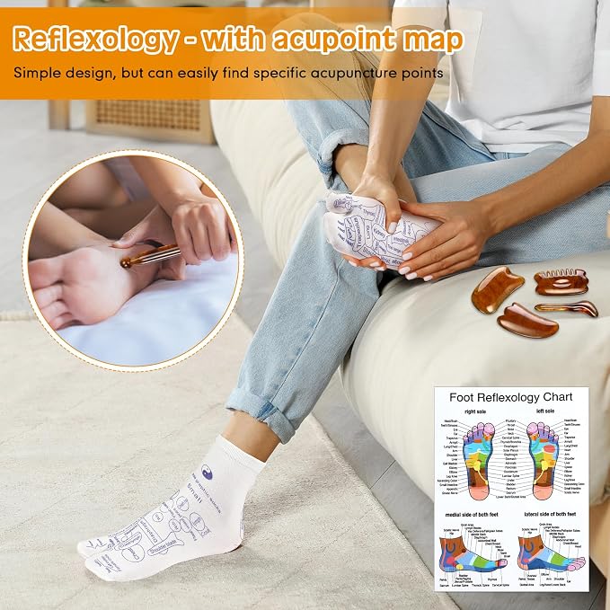 Threlaco 16 Pcs Reflexology Socks and Gloves with Tools Foot Reflexology Socks with Acupressure Gloves & 8 Pcs Massage Point Tools Foot Relief Acupressure Massager Set for Women and Men(Amber)