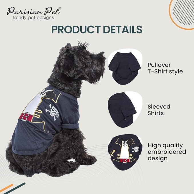 Parisian Pet Captain Sparrow Dog Costume - 100% Cotton Black Dog Clothes for Large Dogs Boys - Lightweight Puppy Outfits - Funny French Bulldog Clothes - Pirate Pet Shirt - Stretchy T Shirt for Dogs