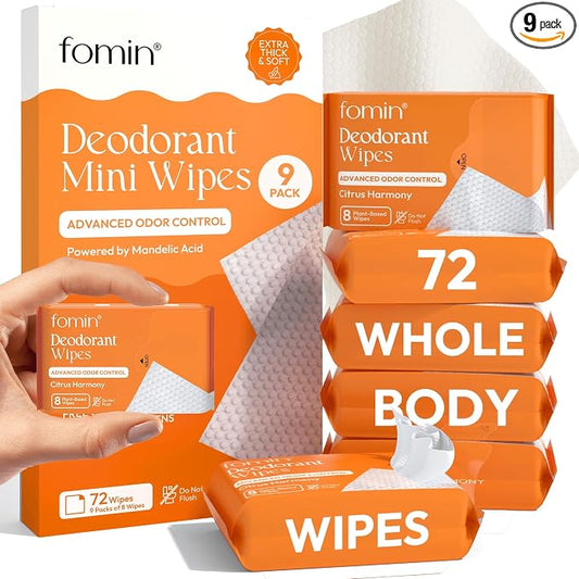 FOMIN Acidified Travel Deodorant Mini Wipes For Women & Men- Citrus Harmony - 72 Count - pH Balanced, Biodegradeable Mini Deodorant Travel Size Wipes - Plastic-Free, Underarm Body Wipes
