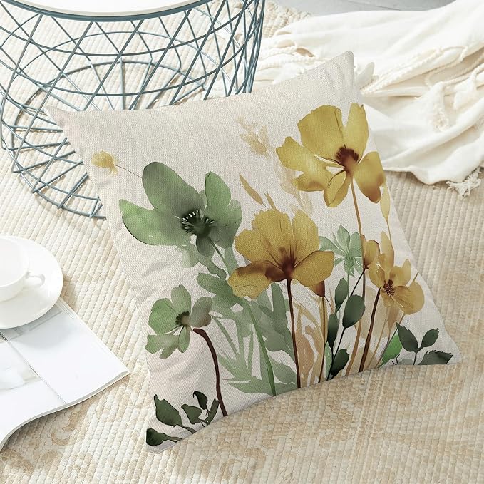 Floral Pillow Covers 16x16 Inch Set of 2 Sage Green Yellow Floral Throw Pillow Cover Outdoor Modern Spring Summer Flower Decoration Pillowcase Farmhouse Decorative Cushion Cover For Home Couch